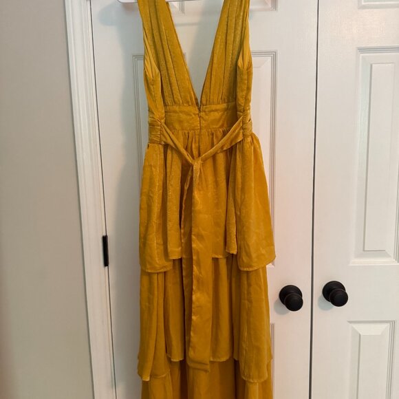 Lulus Peak Party Vibe Mustard Yellow Satin Tiered Tie-back Midi Dress - Size L - Picture 9 of 10